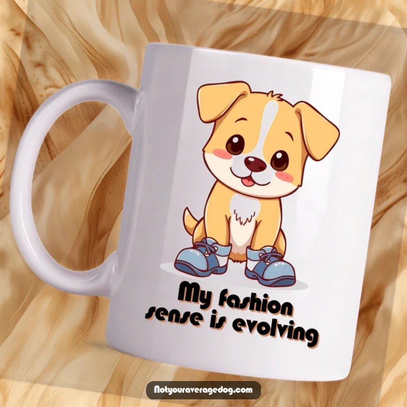 Funny mug featuring a clumsy dog wearing two different shoes, looking adorably confused and ready to trip. A heartwarming and humorous gift.