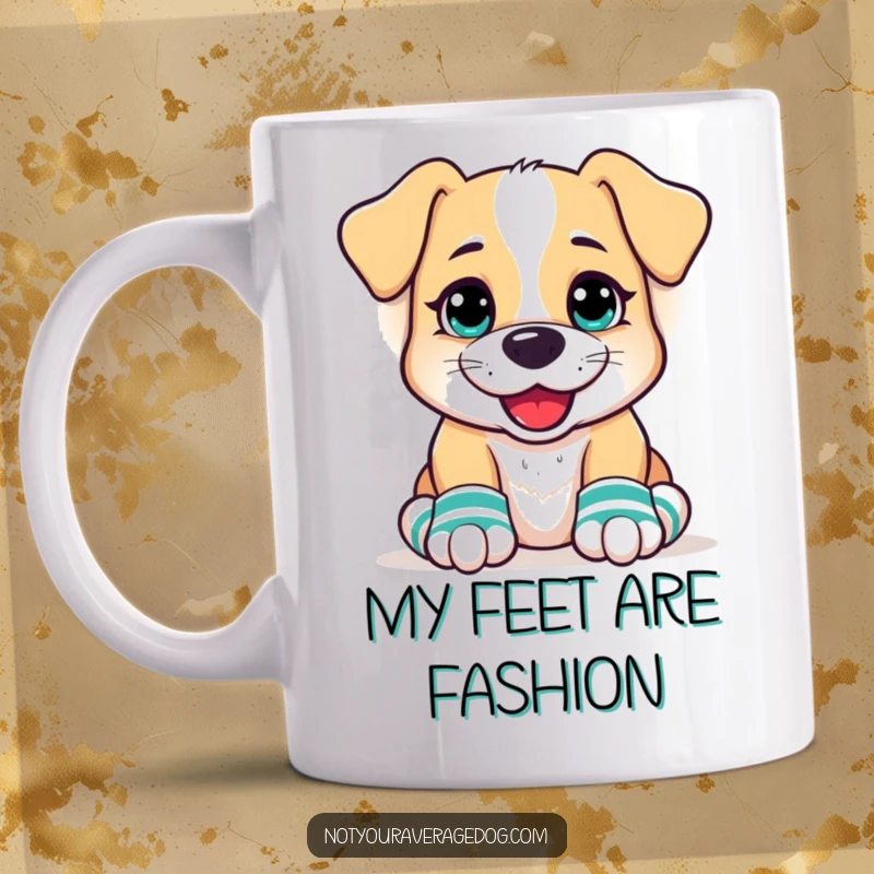 Funny Dog Mug with a goofy grin, wearing mismatched socks on its front paws, looking hilariously happy and ready for a laugh.