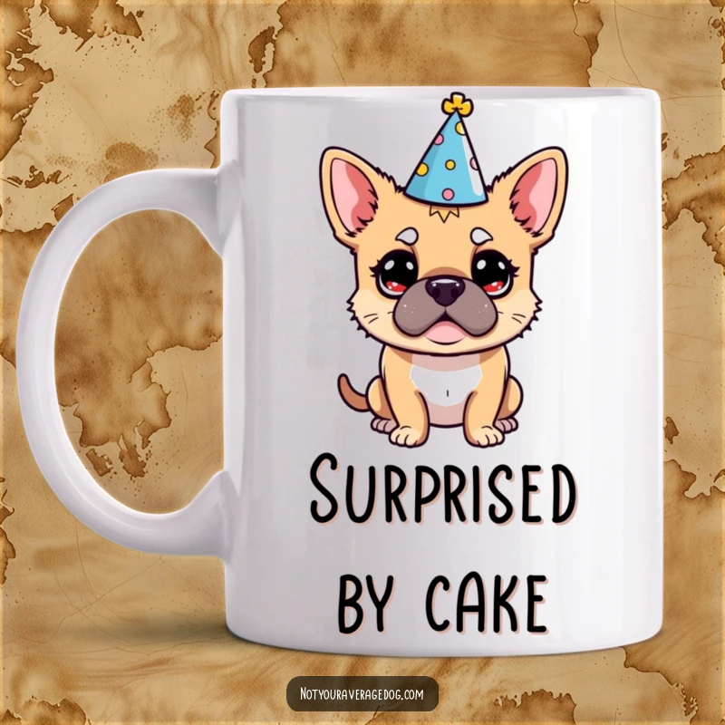 Funny Dog Party Hat Mug: A dog wears a tiny party hat, looking comically bewildered and confused.