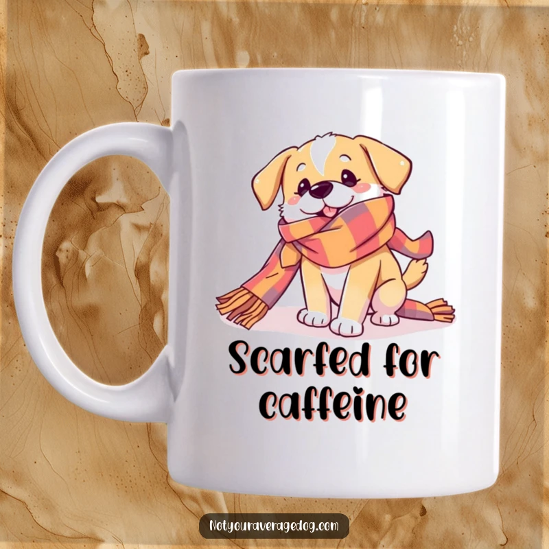 Funny Dog Mug showing a dog playfully getting tangled in a very long, colorful scarf, looking adorably confused and full of mischief.