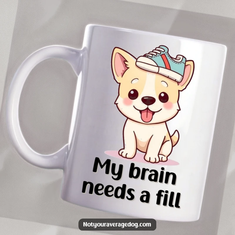 Funny dog character hilariously trying to wear a tiny shoe as a hat on a mug, a comical scene.