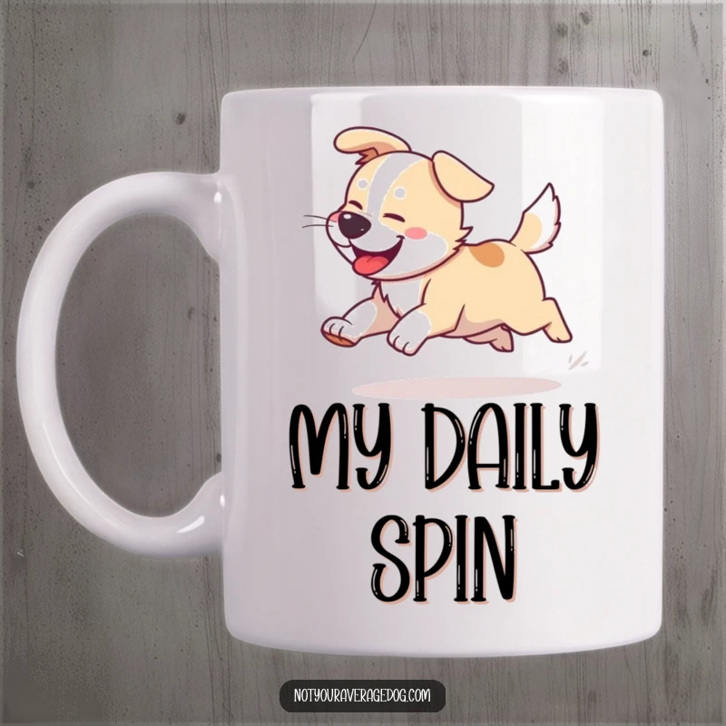 Funny Dog Tail Chasing Mug: A dog joyfully chases its tail with wild, erratic movements.