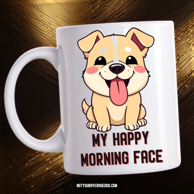 Funny mug featuring a dog making a comical, silly face with its tongue sticking out. Perfect humorous gift for dog lovers.