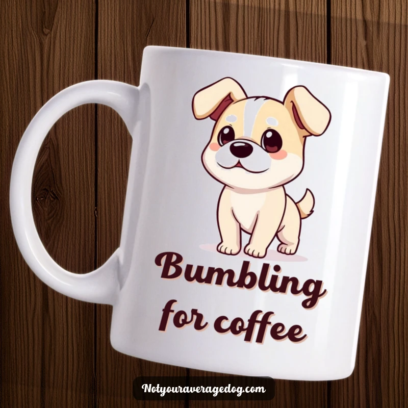 Funny silly dog with comically floppy ears bumbling along on a mug, depicting adorable clumsiness.