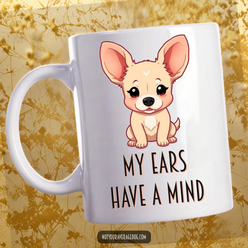 Funny Mug showcasing a dog with comically oversized, floppy ears bouncing with every wag, radiating pure, unadulterated joy.