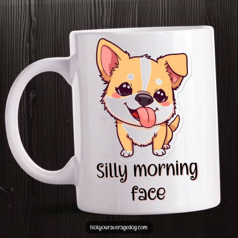 Funny mug with a dog sticking its tongue out at a funny angle, conveying a sense of playful mischief and cheeky delight.