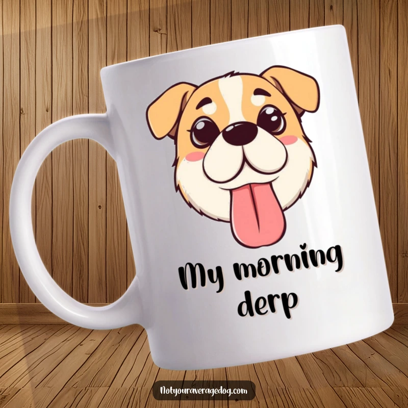 Funny silly dog face mug featuring a cute dog with crossed eyes and a floppy tongue, guaranteed to bring smiles.