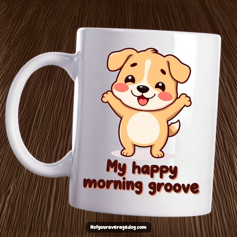Funny mug showing a dog with a wiggly body joyfully performing a silly dance.