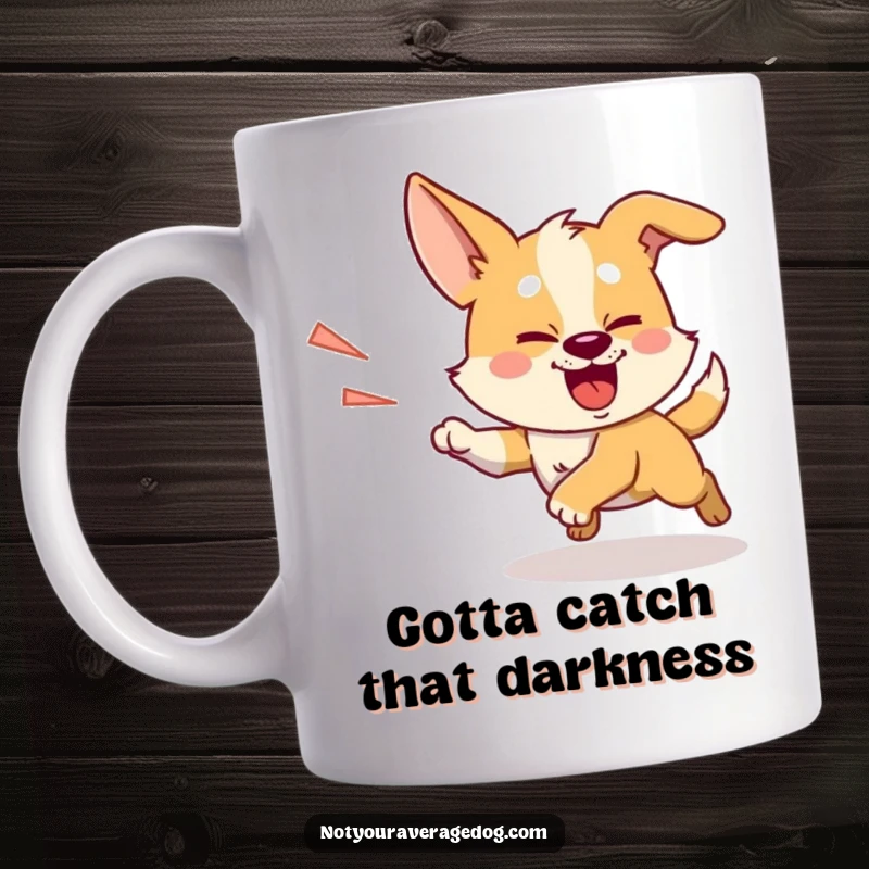 Funny chasing shadow dog mug, a silly dog intensely focused on enthusiastically pursuing its own shadow.