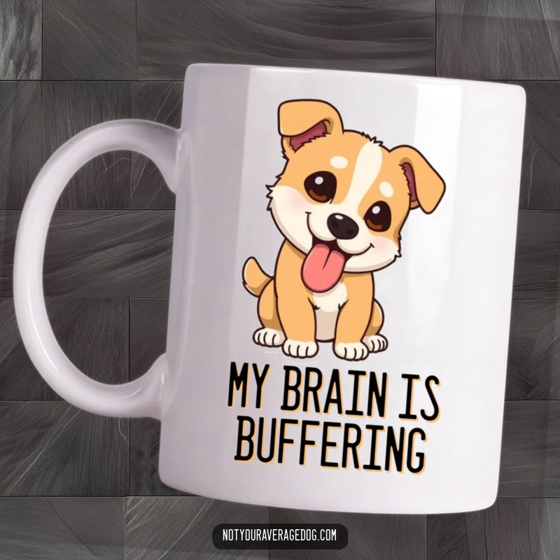 Funny dog mug with tongue lolling out at a comical angle, showcasing pure canine goofiness and making you smile.