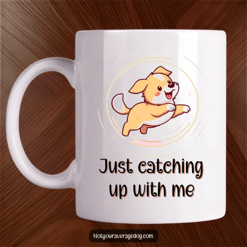 Funny mug illustrating a dog spinning in a dizzy circle, chasing its tail with comical determination. A hilarious gift for pet enthusiasts.