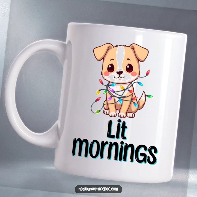Funny mug depicting a dog humorously tangled in a string of bright, colorful festive lights, embodying holiday chaos.