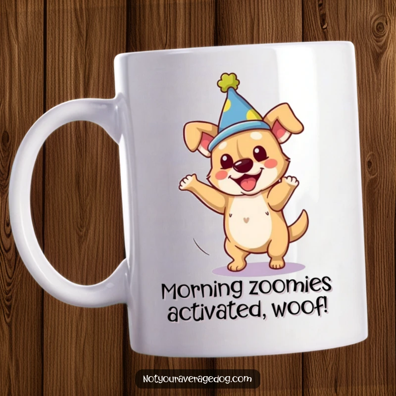 Funny dog spinning in a silly hat, looking endearingly clumsy, perfect for a coffee mug gift.