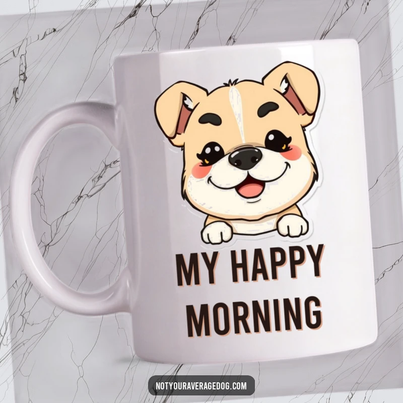 Funny mug featuring a dog with exaggerated, squiggly eyebrows and a wide smile, radiating pure joy.
