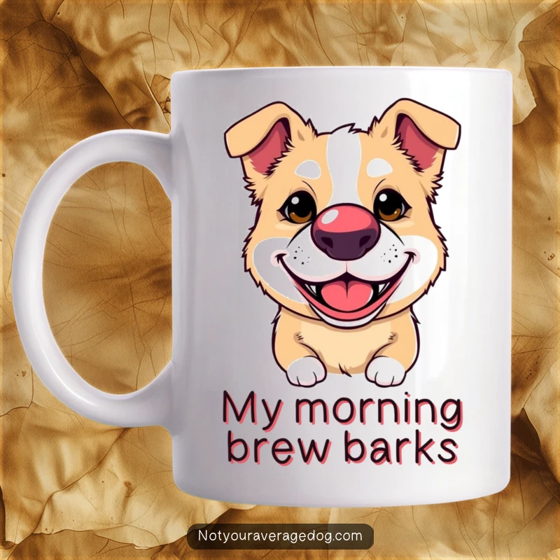 Funny mug with a dog wearing a clown nose and a silly grin, radiating pure, unadulterated, humorous joy.