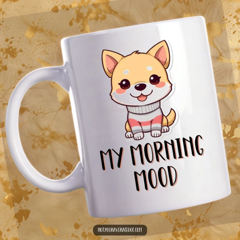 Funny dog mug with a character wearing a mismatched sock and a goofy grin, radiating silliness.