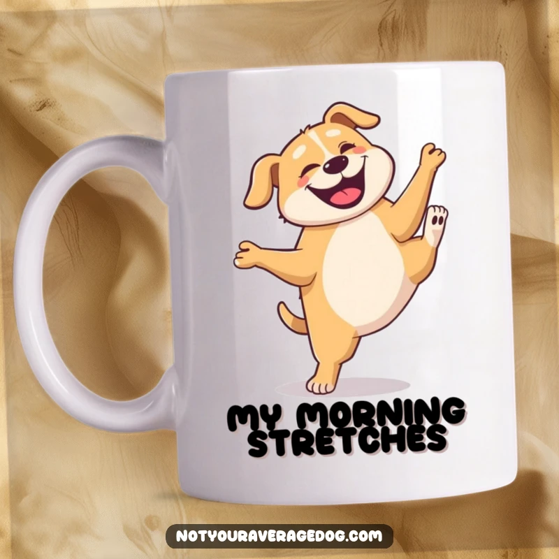 Funny Dog Cartwheel Mug: A goofy dog attempts a wobbly cartwheel, grinning widely, perfect for a laugh.