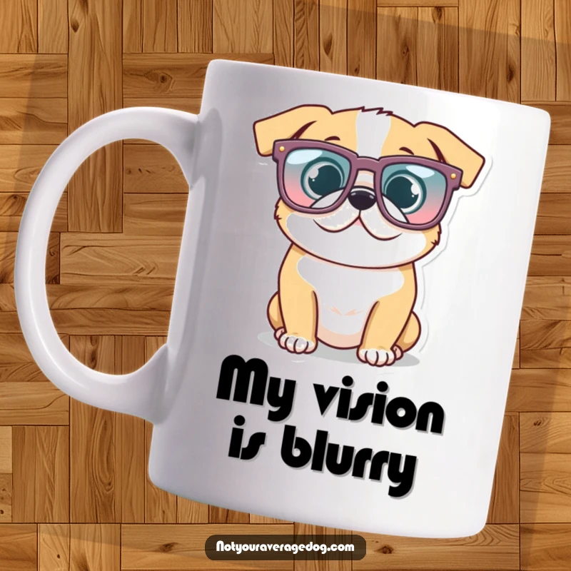 Funny Glasses Dog Mug: Dog wearing oversized, comically shaped glasses, looking instantly cool and humorous.