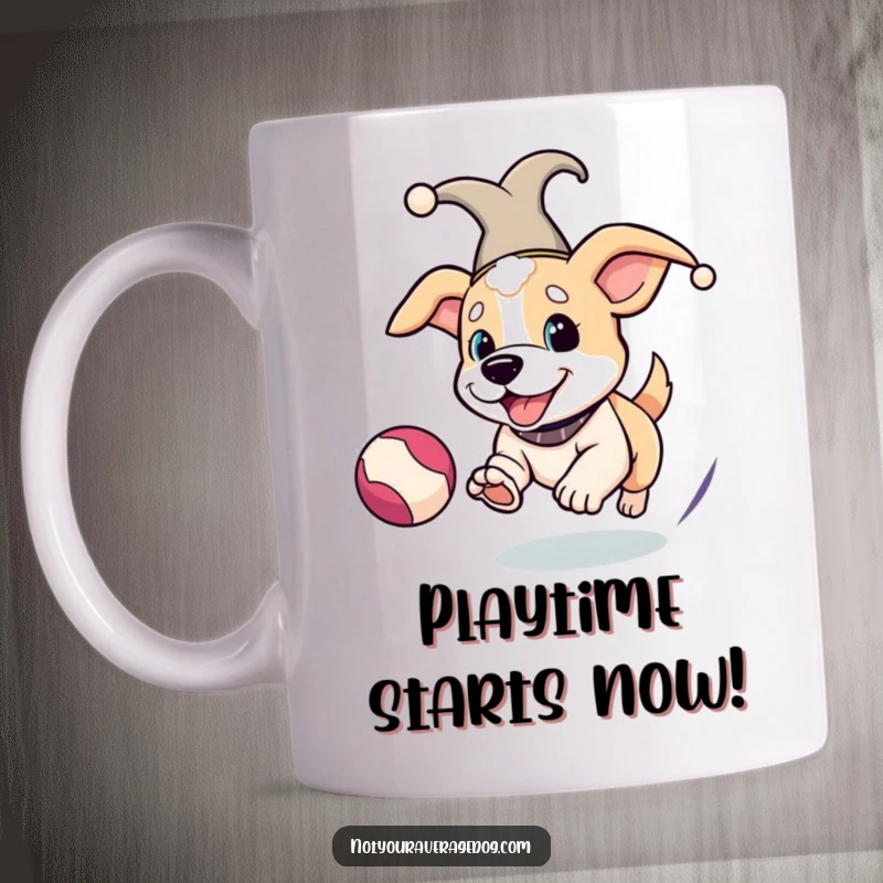 Funny Jester Dog Mug: Dog in a jester hat joyfully chasing a bouncing ball, full of comical energy.