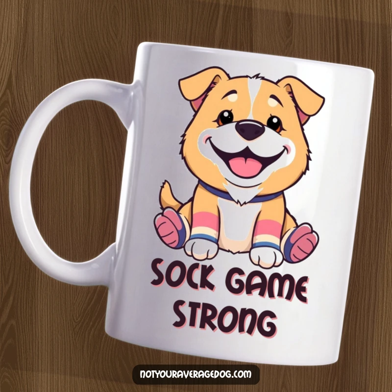 Funny mug showcasing a dog wearing odd socks and a wide, silly grin, exuding pure joy and lighthearted silliness.