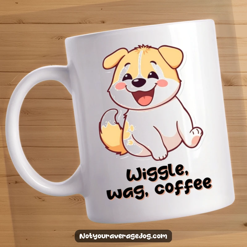 Funny dog wiggling its rear end with a big smile on a coffee mug, capturing pure canine excitement and happiness.