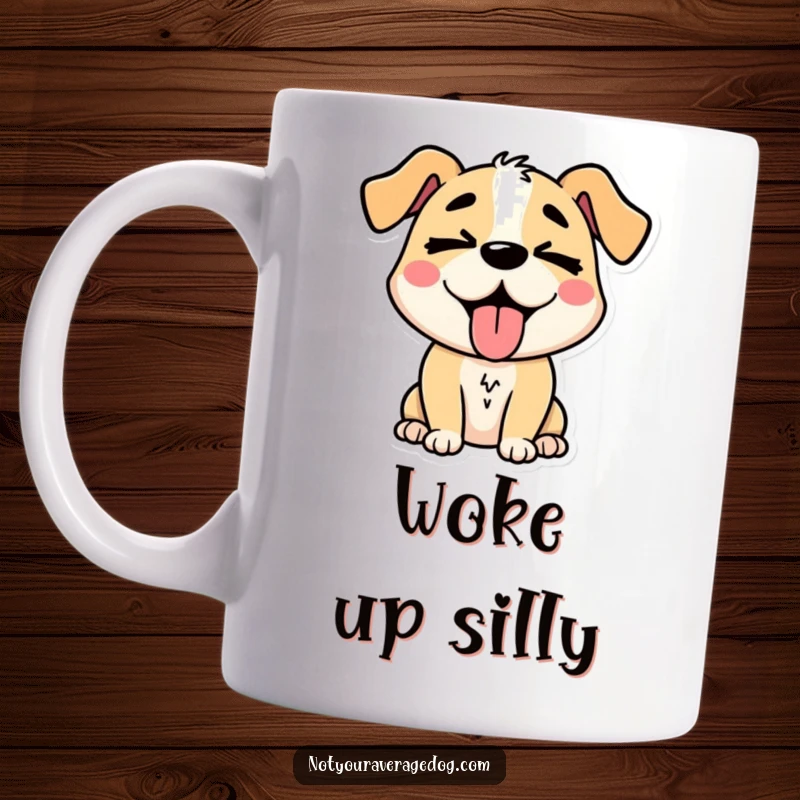 Funny stylized dog character with its tongue hanging out and eyes crossed in a silly expression, perfect for mugs.