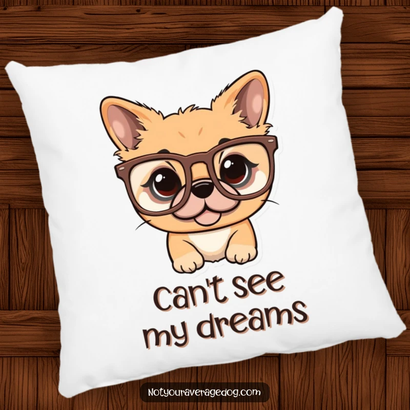 Soft funny pillow featuring a dog comically attempting to wear a pair of oversized glasses.
