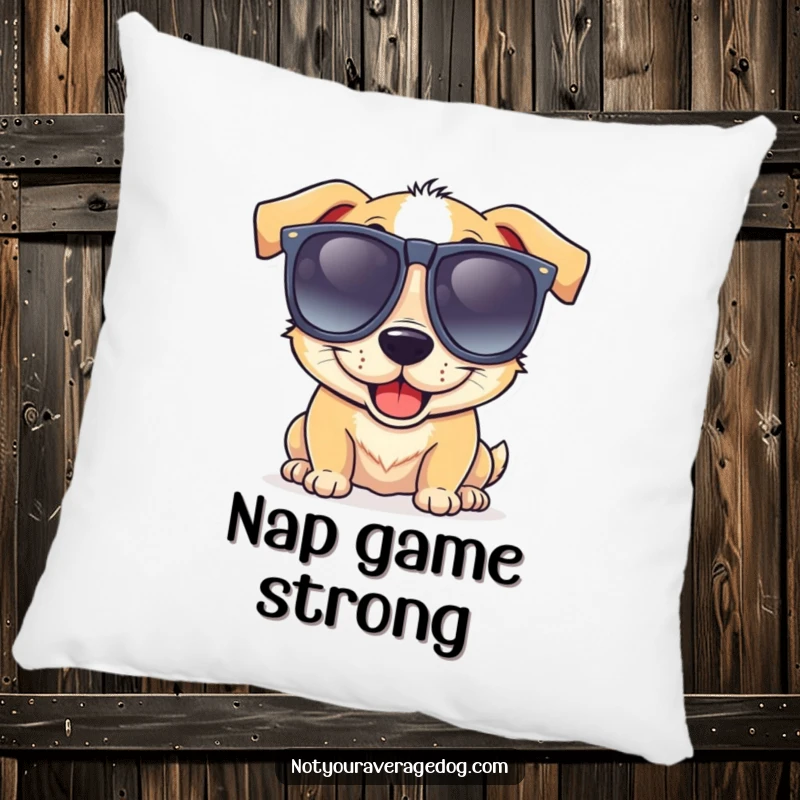 Funny pillow featuring a dog wearing huge, goofy sunglasses and a wide, amusing grin, perfect for cozying up.