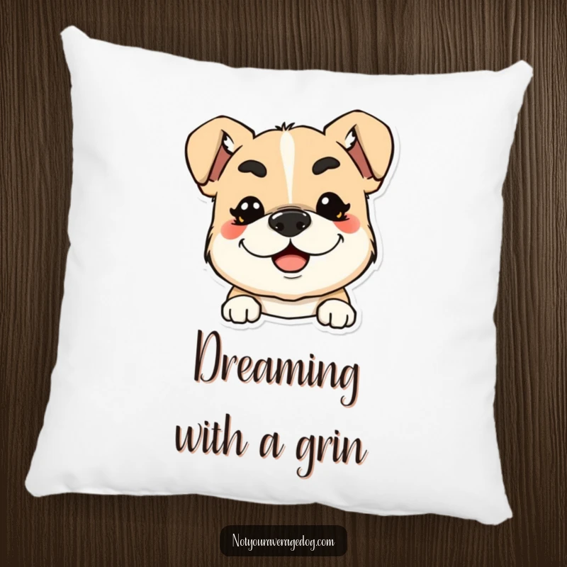 Funny pillow featuring a dog with exaggerated, squiggly eyebrows and a wide smile, perfect for comfort.