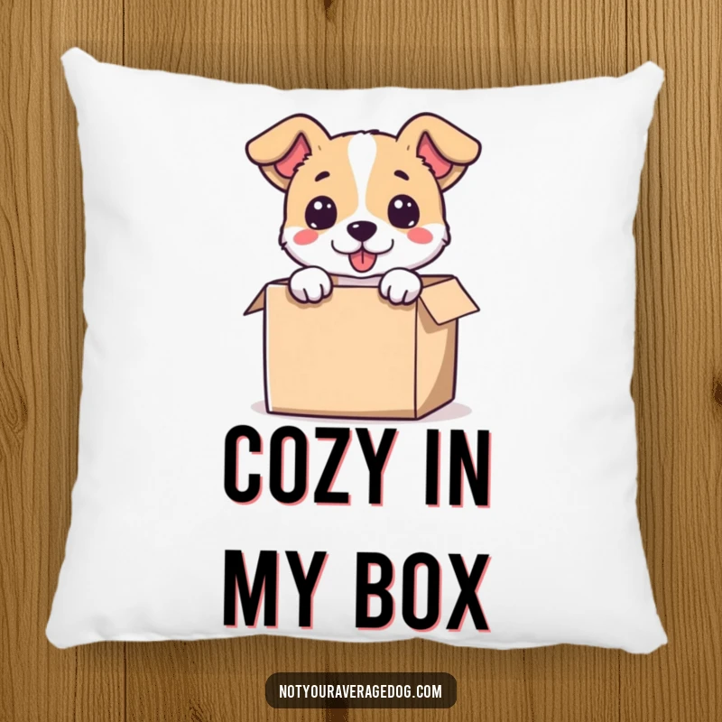 Funny pillow featuring a dog’s head comically sticking out of a tiny box, offering cute and humorous decor.