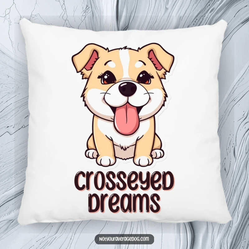Funny Pillow: Dog with tongue sticking out sideways and eyes crossed, offering comfort and a dose of adorable humor.