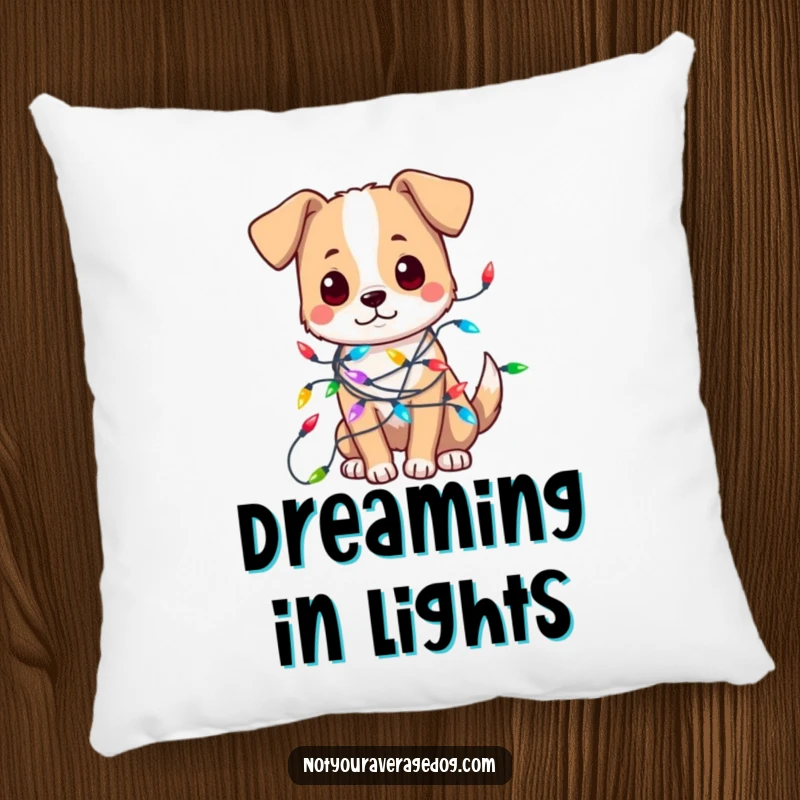 Funny pillow featuring a dog humorously entangled in a string of bright, festive lights, adding cozy holiday humor.