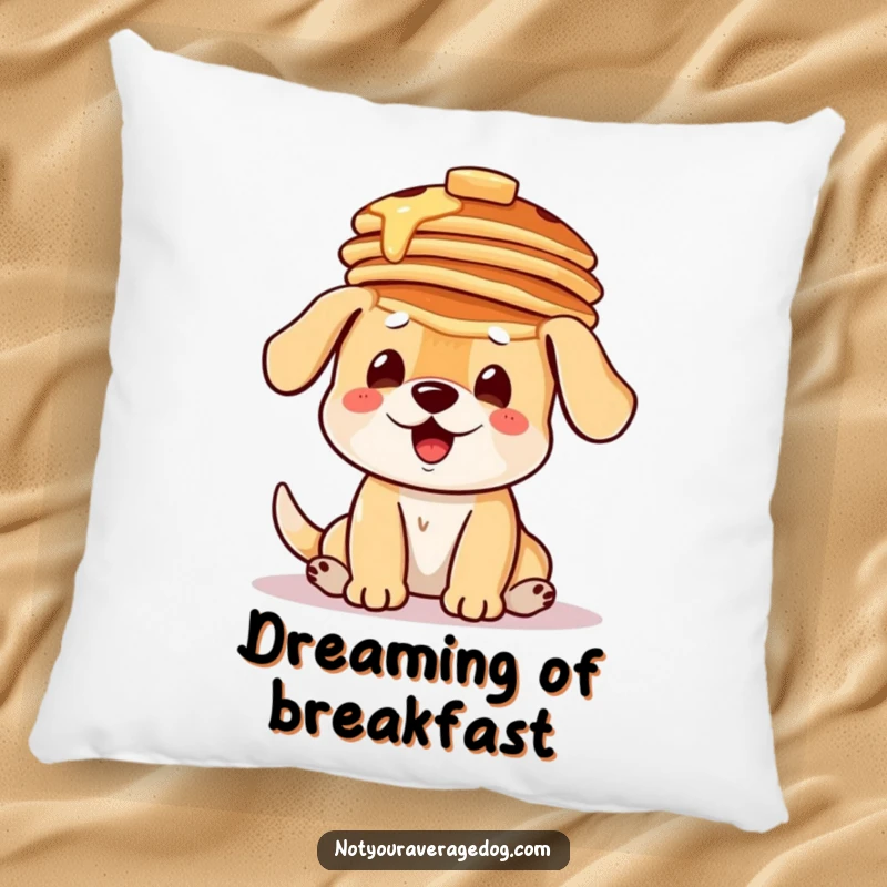 Funny pillow featuring a dog humorously balancing a stack of pancakes on its head, offering cute and delicious humor.