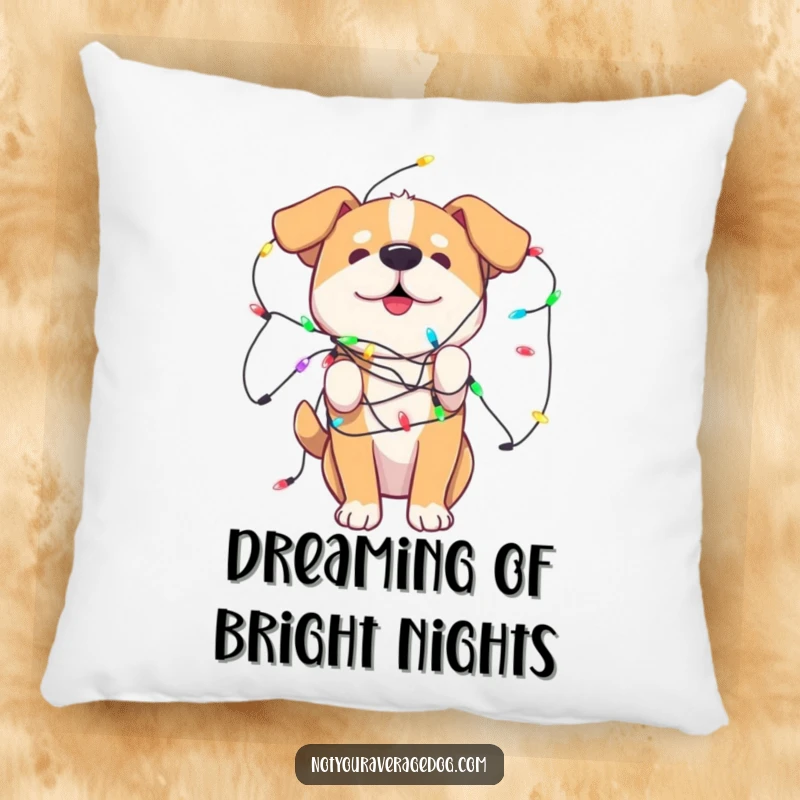 Funny Pillow showcasing a dog adorably tangled in playful, colorful lights, perfect for comfortable, festive decor.