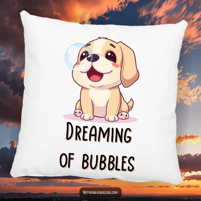 Soft funny pillow with a dog playfully trying to catch a soap bubble with its nose, perfect for playful decor.