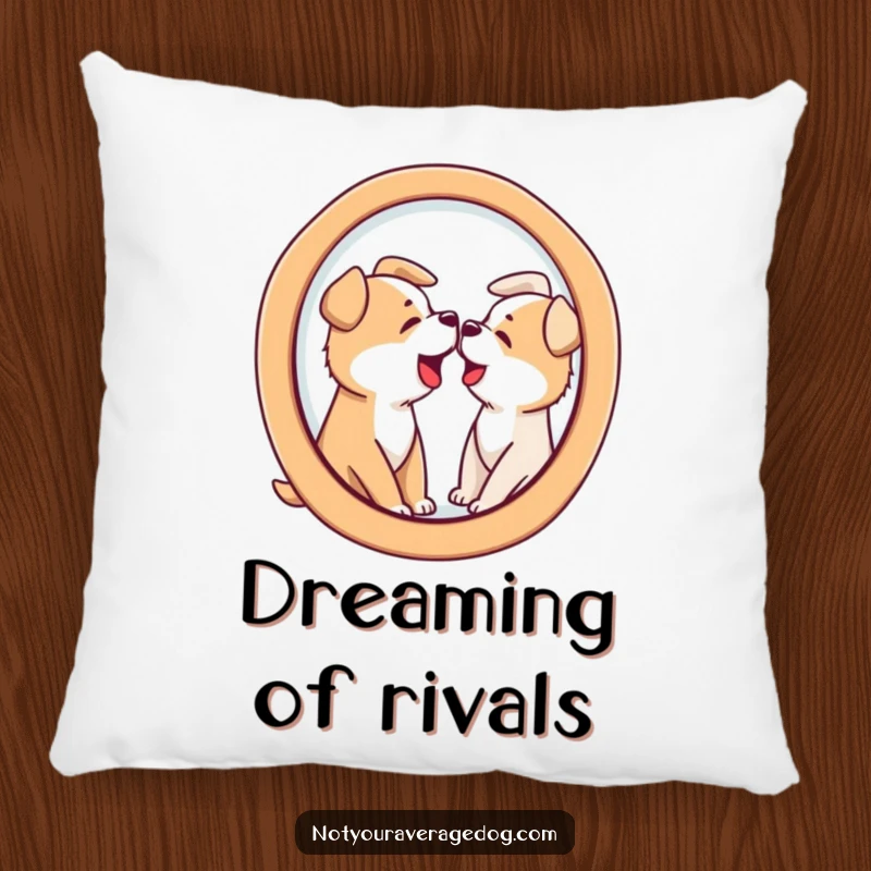 Soft funny pillow with a dog barking at its distorted reflection in a funhouse mirror shape, perfect for playful decor.