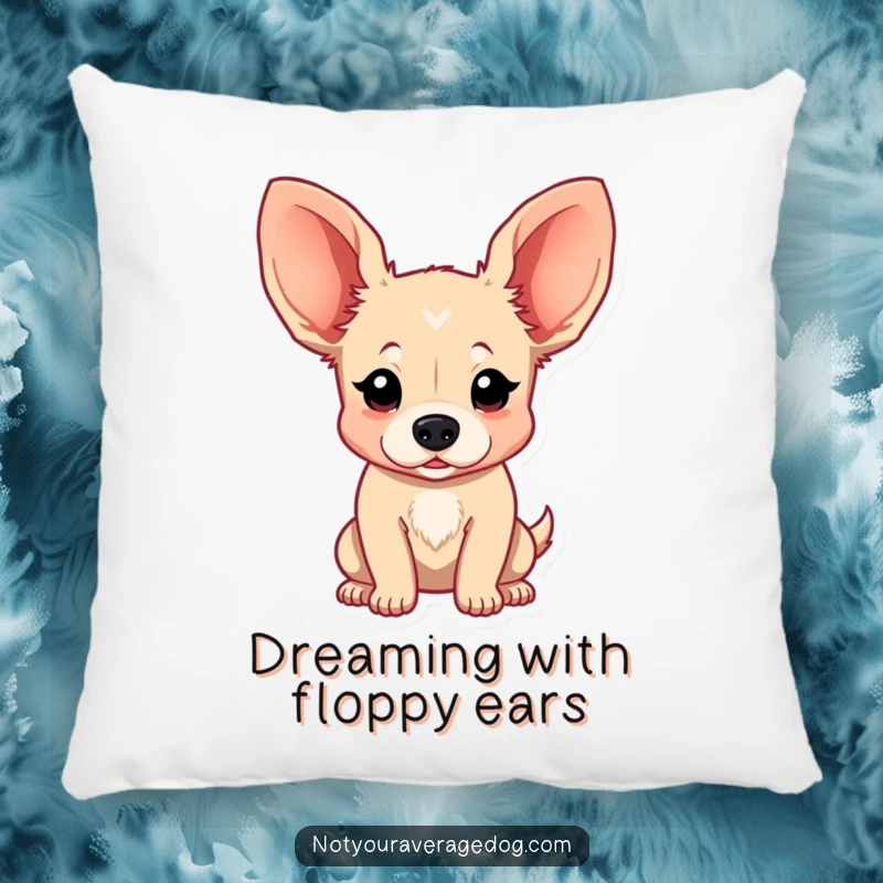 Funny Pillow depicting a sweet dog whose incredibly floppy ears are in a state of comical, joyful bounce, offering cuddly charm.