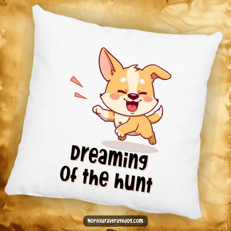 Funny chasing shadow dog pillow, a silly dog with intense focus, enthusiastically chasing its shadow, comfortable.
