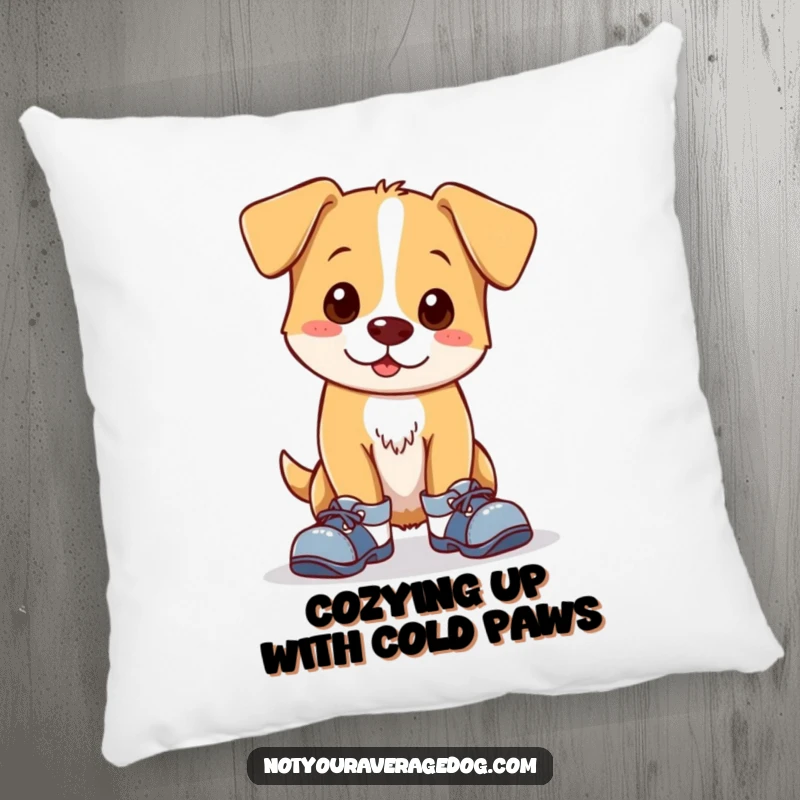 Funny pillow featuring a clumsy dog illustration, complete with mismatched shoes and an endearing expression. Soft, decorative, and humorous.