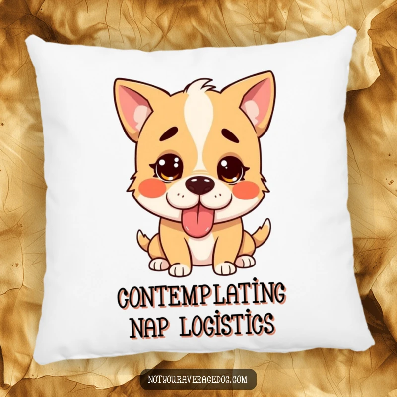 Funny confused dog pillow, a silly dog with its tongue sticking out oddly, looking completely bewildered.