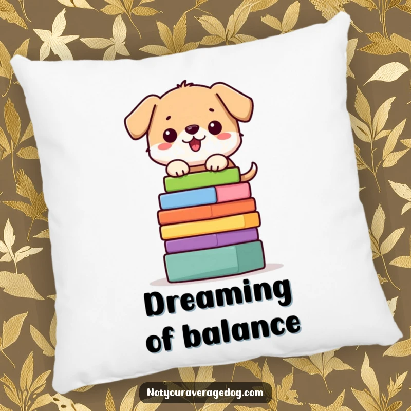 Funny dog pillow with a character precariously balancing a stack of colorful blocks, providing comfort and humor.