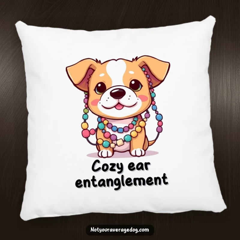 Soft funny pillow with a dog’s ears tangled in colorful beads, perfect for adding playful decor and humor to living spaces.