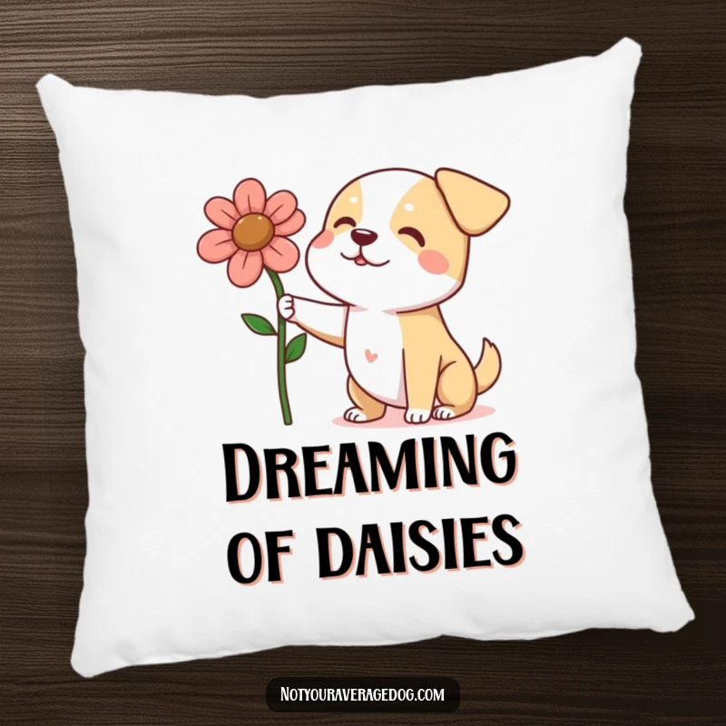A decorative pillow featuring a dog proudly presenting an oversized, squashed flower, adding humorous affection to any room.