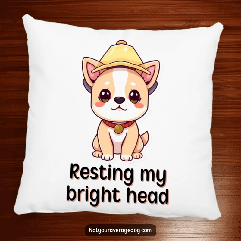 Funny dog wearing a lampshade hat, adding a humorous and cozy element to any pillow arrangement.