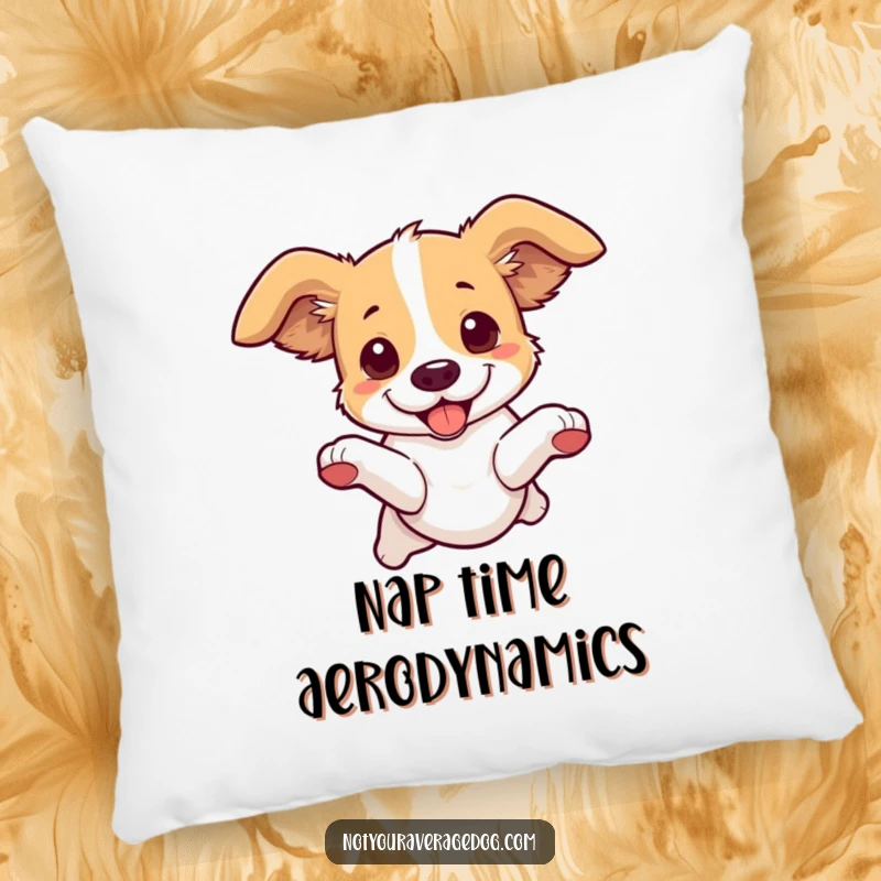 Funny Dog Leaping Pillow: A plush pillow showing a dog leaping with ears flying, full of playful motion.