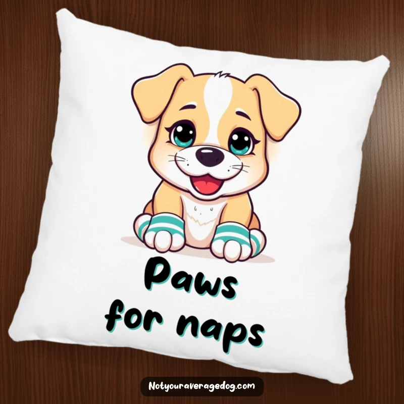 Funny Dog Pillow featuring a dog with a goofy grin, sporting mismatched socks on its front paws, offering comfort and a hearty dose of silly.