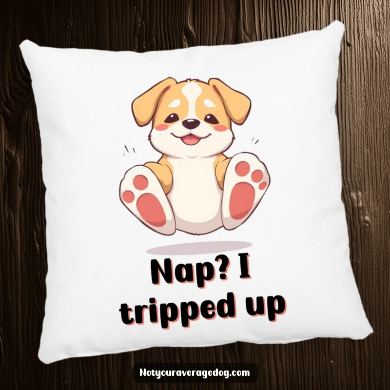 Cozy funny pillow with a dog tripping over its own massive paws and then recovering, perfect for adding humor to living spaces.