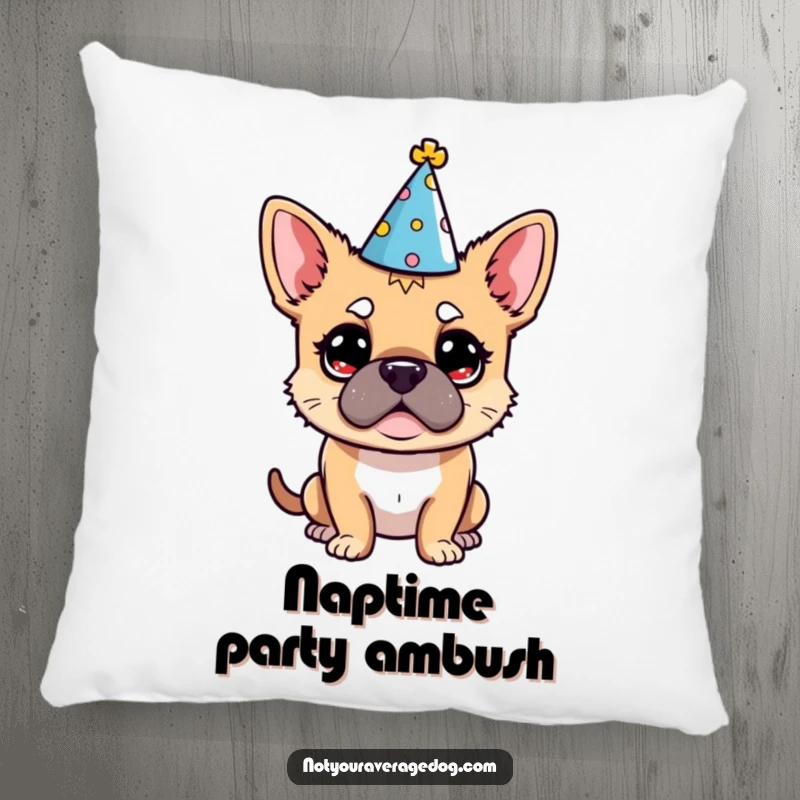 Funny Dog Party Hat Pillow: A plush pillow showing a dog comically bewildered in a party hat.