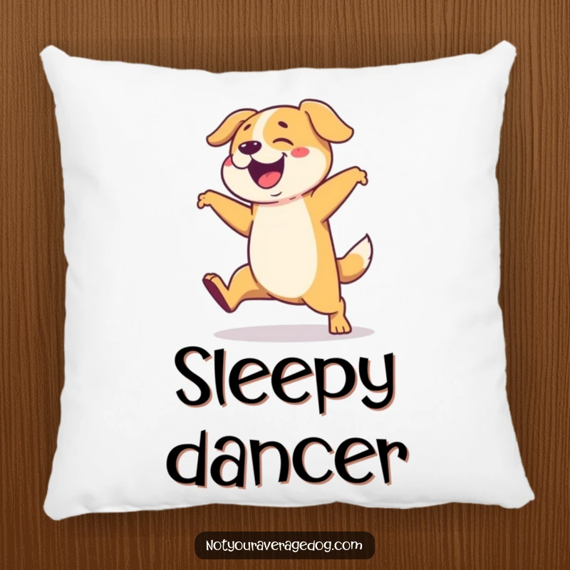 Funny pillow featuring a dog in a wildly exaggerated and clumsy dance pose, bringing playful energy to decor.