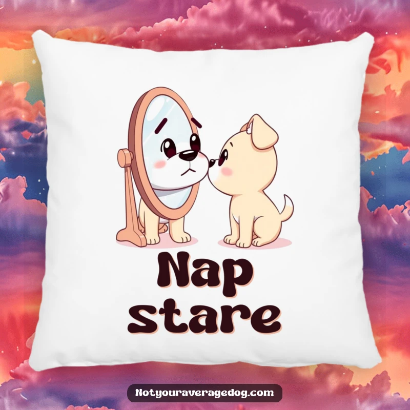 Funny pillow featuring a dog looking confusedly into a mirror, questioning the identity of the silly stranger within.